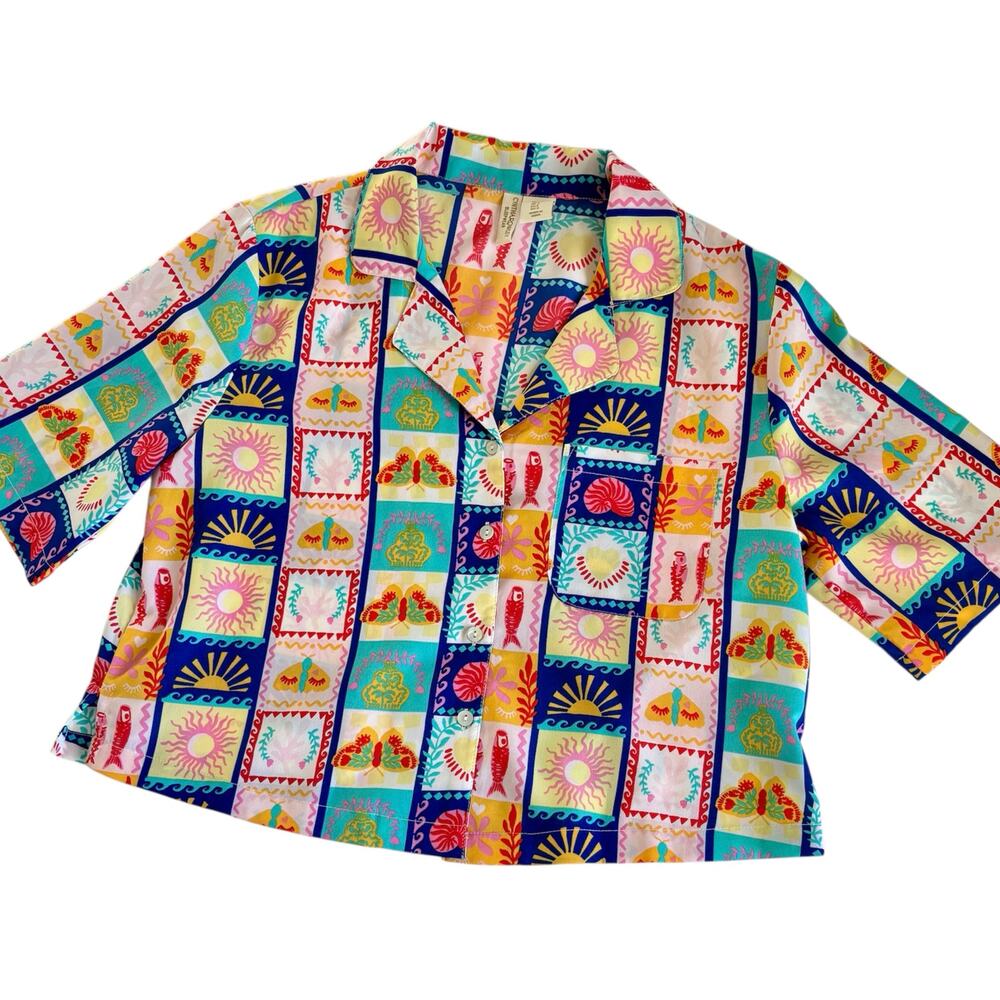 Cynthia Rowley Summer Icons Button Up Pajama Top Womenโs Small Sardine Colorful